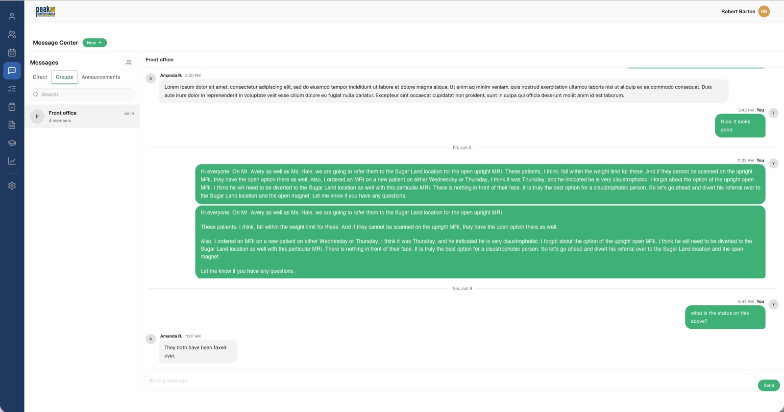 Message Center — a real group conversation with announcements and read receipts